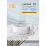 SISXSO Large 17 Oz Gravy Boat and Tray | Ergonomic Handle | White Fine Porcelain Saucier With Big Dripless Lip Spout For Gravy, Warming Sauces, Salad Dressings, Milk | Microwave & Freezer Safe