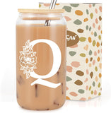 SISXSO Initial Glass Cup, Monogrammed Gifts for Women, 16 oz Glass Cups w/Lids Straws, Iced Coffee, Beer Can Shaped Glass Tumbler w/Straw Lid - Personalized Christmas, Birthday Gifts for Her