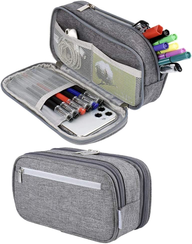 SISXSO Big Capacity Pencil Case Large Storage Pencil Bag Pouch 3 Comparments Pen Case Makeup Bag for Adults Office Supplies Stationery Organizer Holder, Gray