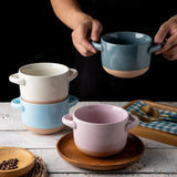 Tigelas de sopa de 24 onças com alças e tampas grandes, conjunto de 2 tigelas de cerâmica para sopa, cereal, ensopado, macarrão, tigelas de cerâmica coloridas para cozinha, adequadas para micro-ondas e lava-louças, cinza e bege 