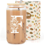 SISXSO Initial Glass Cup, Monogrammed Gifts for Women, 16 oz Glass Cups w/Lids Straws, Iced Coffee, Beer Can Shaped Glass Tumbler w/Straw Lid - Personalized Christmas, Birthday Gifts for Her