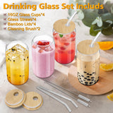SISXSO 4 Pack Glass Cups with Bamboo Lids and Straws, 16OZ Ice Coffee Cup, Drinking Cup set with Wooden Lids, Home Essential Glass Tumblers for Beer, Cocktail, Tea and Latte Clear