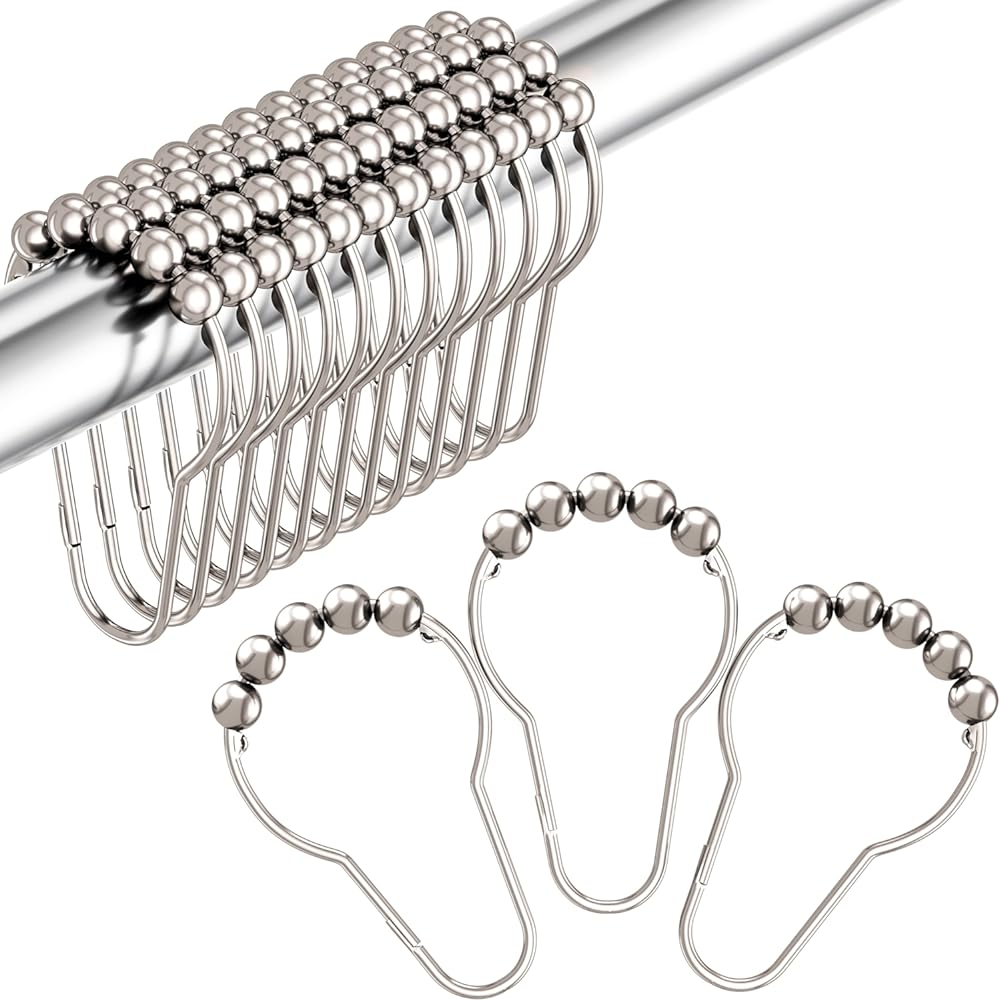 SISXSO Shower Curtain Hooks, Decorative Rust Proof Stainless Steel Shower Curtain Hooks for Bathroom Shower Rods Set of 12, Polished Nickel