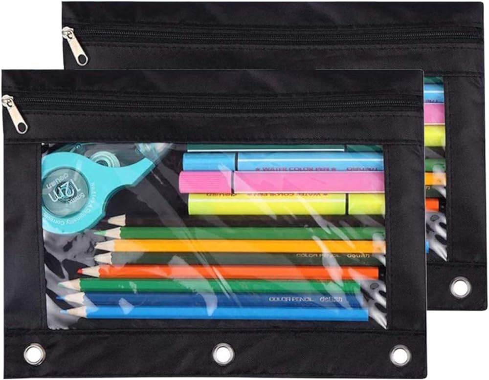 SISXSO Pencil Pouch 3 Ring, Zipper Pencil Pouches Case Binder Cosmetic Bag Black 2 Pack