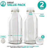 SISXSO Liter Glass Milk Bottles (2 Pack) - 32-Oz Milk Jars with Lids - Food Grade Glass Bottles - Dishwasher Safe - Bottles for Milk, Buttermilk, Honey, Maple Syrup, Jam, BBQ Sauce