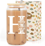 SISXSO Initial Glass Cup, Monogrammed Gifts for Women, 16 oz Glass Cups w/Lids Straws, Iced Coffee, Beer Can Shaped Glass Tumbler w/Straw Lid - Personalized Christmas, Birthday Gifts for Her