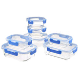 Recipiente de vidro para armazenamento de alimentos com tampa de travamento sem BPA - Conjunto de 14 peças, transparente com anel de silicone azul 