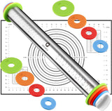 Conjunto de rolo de massa e tapete para assar massa, rolos de massa com anéis de espessura ajustáveis, rolo de massa de aço inoxidável para assar fondant, pizza, torta, massa, macarrão, biscoitos (tapete preto) 