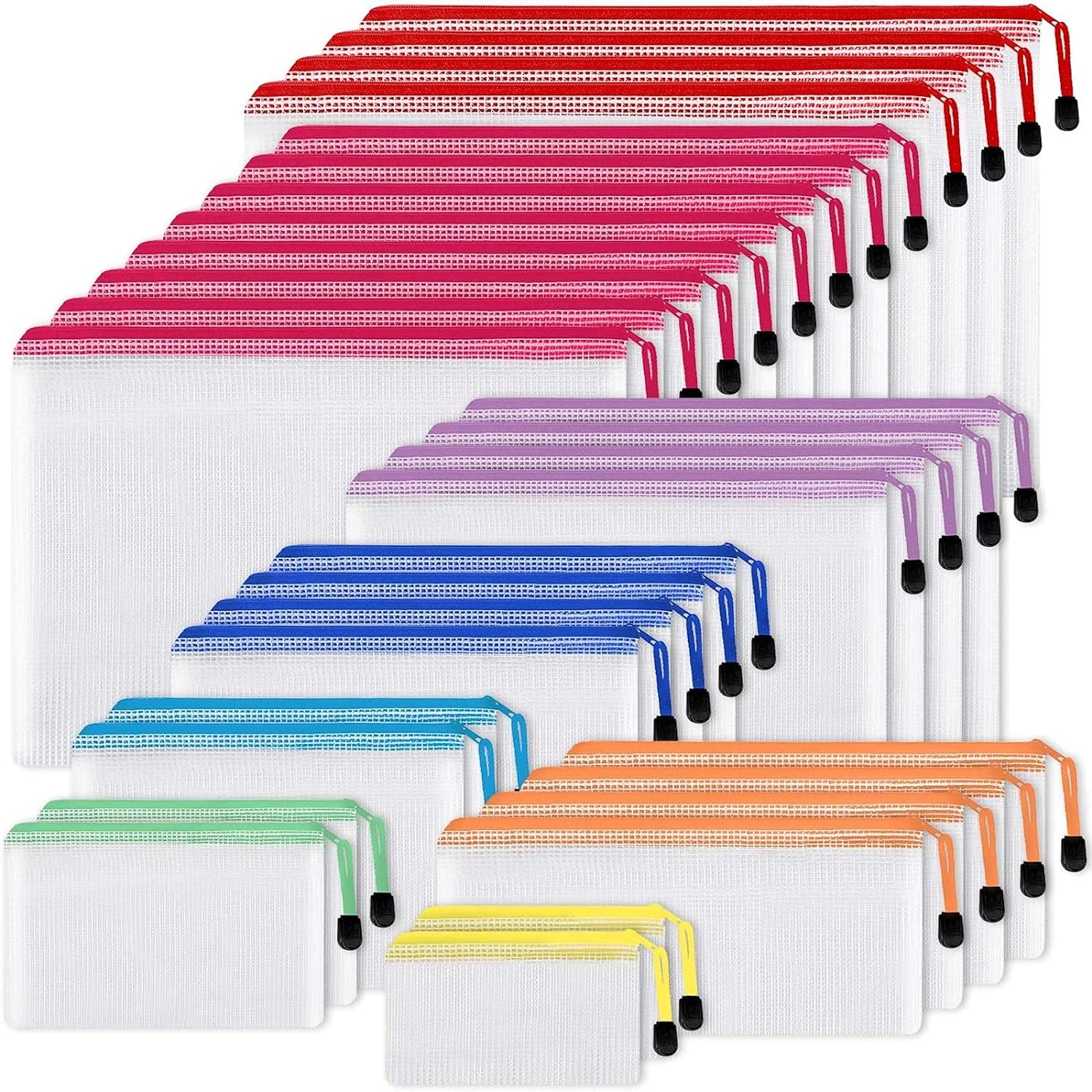 SISXSO 30pcs Mesh Zipper Pouch, Waterproof Zipper Bags, 8 Sizes, 8 Colors, Multipurpose for Travel, School Supplies, Office Appliances and Home Organization