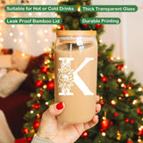 SISXSO Initial Glass Cup, Monogrammed Gifts for Women, 16 oz Glass Cups w/Lids Straws, Iced Coffee, Beer Can Shaped Glass Tumbler w/Straw Lid - Personalized Christmas, Birthday Gifts for Her