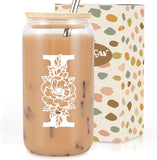 SISXSO Initial Glass Cup, Monogrammed Gifts for Women, 16 oz Glass Cups w/Lids Straws, Iced Coffee, Beer Can Shaped Glass Tumbler w/Straw Lid - Personalized Christmas, Birthday Gifts for Her