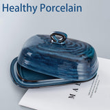 SISXSO Porcelain Butter Dish with Lid, Covered Butter Container with Handle Design for Countertop, Blue