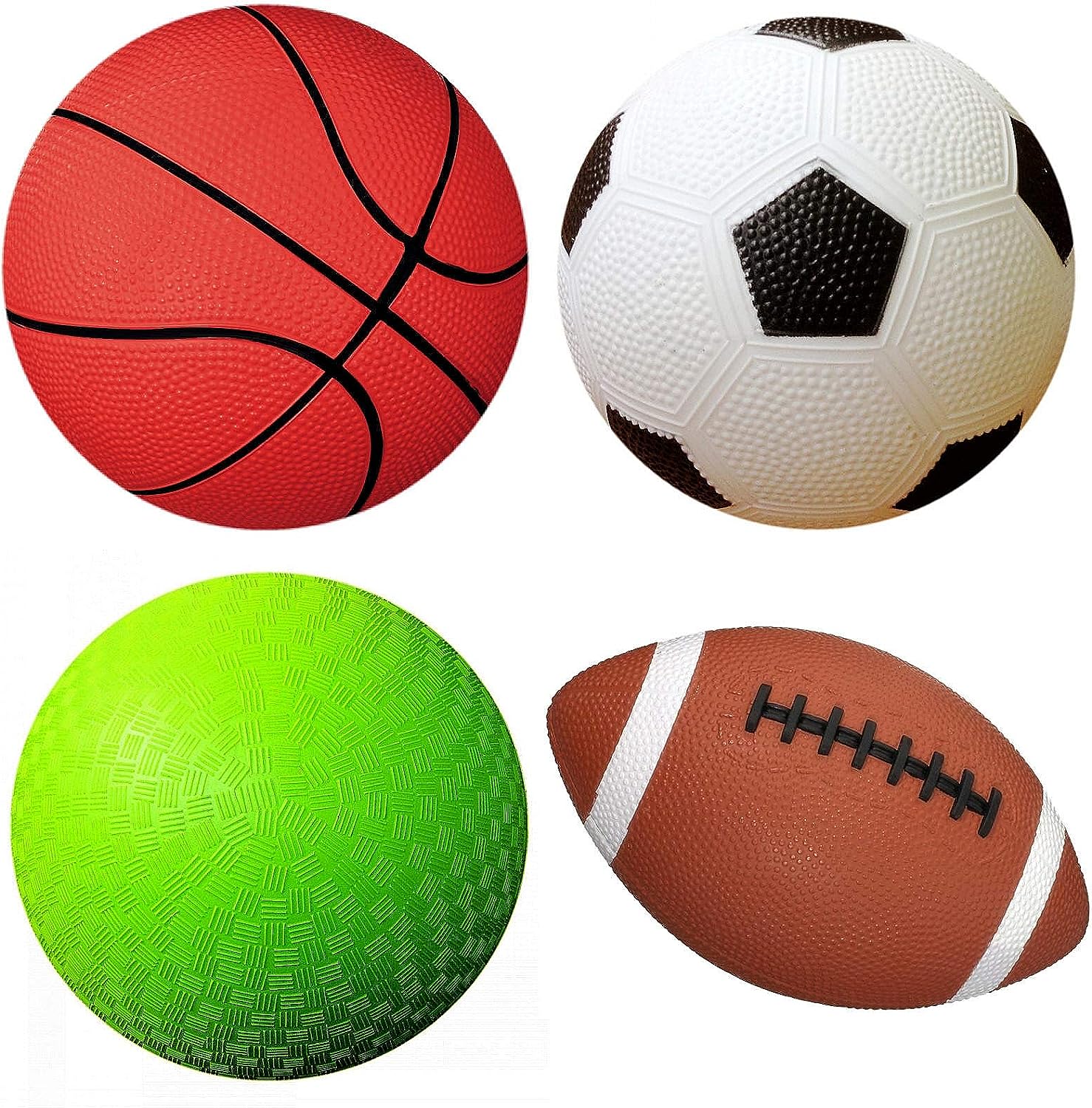SISXSO Pack of 4 Sports Balls with 1 Pump: 1 Each of 5" Soccer Ball, 5" Basketball, 5" Playground Ball, and 6.5" Football (4 Balls and 1 Pump)