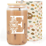 SISXSO Initial Glass Cup, Monogrammed Gifts for Women, 16 oz Glass Cups w/Lids Straws, Iced Coffee, Beer Can Shaped Glass Tumbler w/Straw Lid - Personalized Christmas, Birthday Gifts for Her
