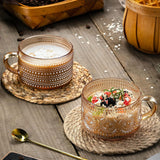 SISXSO Vintage Coffee Mugs 14 Oz Set of 2 Amber Embossed Glass Tea Cups for Cappccino, Latte,Cereal, Yogurt, Beverage Christmas Thanksgiving Day Gifts