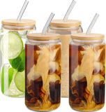 SISXSO 4 pcs 16 oz Glass Cups with Bamboo Lids and Straws-Glass Tumbler with Straw and Lid & Cleaning Brush,Iced Coffee Cups with Lids Ldeal for Smoothie Beer Cocktail Whiskey Tea Juice Gift
