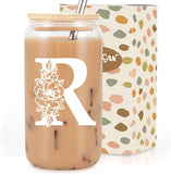 SISXSO Initial Glass Cup, Monogrammed Gifts for Women, 16 oz Glass Cups w/Lids Straws, Iced Coffee, Beer Can Shaped Glass Tumbler w/Straw Lid - Personalized Christmas, Birthday Gifts for Her