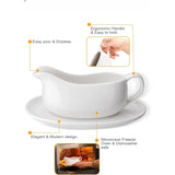 SISXSO Large 17 Oz Gravy Boat and Tray | Ergonomic Handle | White Fine Porcelain Saucier With Big Dripless Lip Spout For Gravy, Warming Sauces, Salad Dressings, Milk | Microwave & Freezer Safe