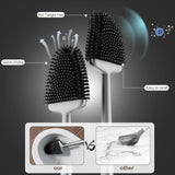 Conjunto de escova de vaso sanitário e suporte para banheiro, cabeça de escova de vaso sanitário flexível com cerdas de silicone, tamanho compacto para armazenamento e organização, base com ranhuras de ventilação (1 pacote, prata) 