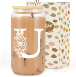 SISXSO Initial Glass Cup, Monogrammed Gifts for Women, 16 oz Glass Cups w/Lids Straws, Iced Coffee, Beer Can Shaped Glass Tumbler w/Straw Lid - Personalized Christmas, Birthday Gifts for Her