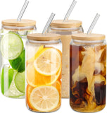 SISXSO 4 pcs 16 oz Glass Cups with Bamboo Lids and Straws-Glass Tumbler with Straw and Lid & Cleaning Brush,Iced Coffee Cups with Lids Ldeal for Smoothie Beer Cocktail Whiskey Tea Juice Gift