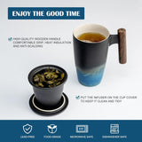 Tomotime Xícara de Chá de Cerâmica com Infusor e Tampa Canecas de Chá Alça de Madeira 400ml/13,5oz Preto ciano 