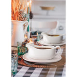 SISXSO Large 17 Oz Gravy Boat and Tray | Ergonomic Handle | White Fine Porcelain Saucier With Big Dripless Lip Spout For Gravy, Warming Sauces, Salad Dressings, Milk | Microwave & Freezer Safe