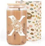 SISXSO Initial Glass Cup, Monogrammed Gifts for Women, 16 oz Glass Cups w/Lids Straws, Iced Coffee, Beer Can Shaped Glass Tumbler w/Straw Lid - Personalized Christmas, Birthday Gifts for Her