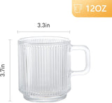 SISXSO [6 PACK, 12 OZ] Premium Glass Coffee Mugs with Handle, Classic Vertical Stripes Tea Cup,Transparent Tea Glasses for Hot/Cold Beverages.
