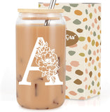 SISXSO Initial Glass Cup, Monogrammed Gifts for Women, 16 oz Glass Cups w/Lids Straws, Iced Coffee, Beer Can Shaped Glass Tumbler w/Straw Lid - Personalized Christmas, Birthday Gifts for Her