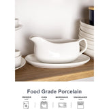 SISXSO Large 17 Oz Gravy Boat and Tray | Ergonomic Handle | White Fine Porcelain Saucier With Big Dripless Lip Spout For Gravy, Warming Sauces, Salad Dressings, Milk | Microwave & Freezer Safe