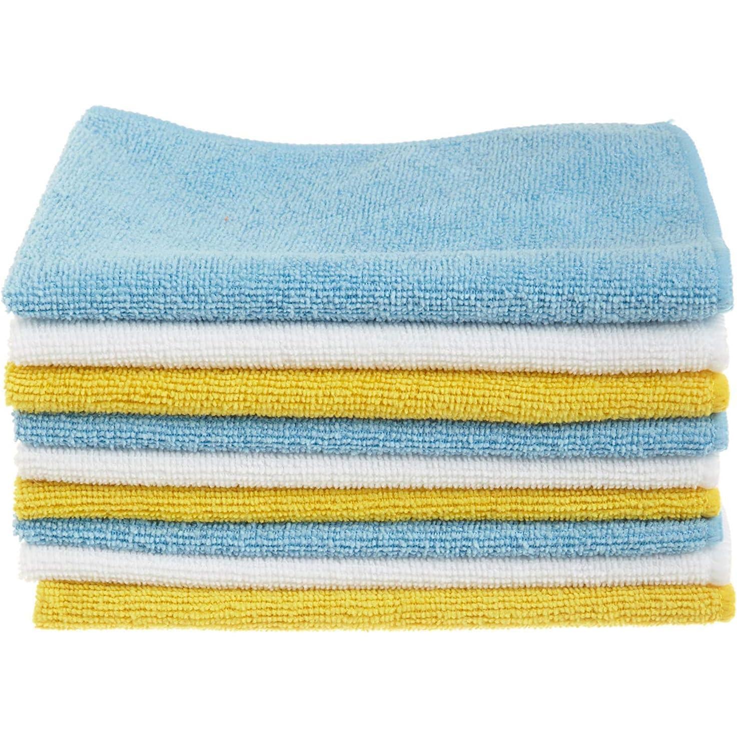 SISXSO Microfiber Cleaning Cloth, Non-Abrasive, Reusable and Washable, Pack of 24, Blue/White/Yellow, 16" x 12"