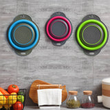 Conjunto de 3 escorredores dobráveis ​​de silicone redondos para cozinha - 2 peças de 4 litros e 1 peça de 2 litros - para escorrer massas, vegetais e frutas (verde, azul, roxo) 