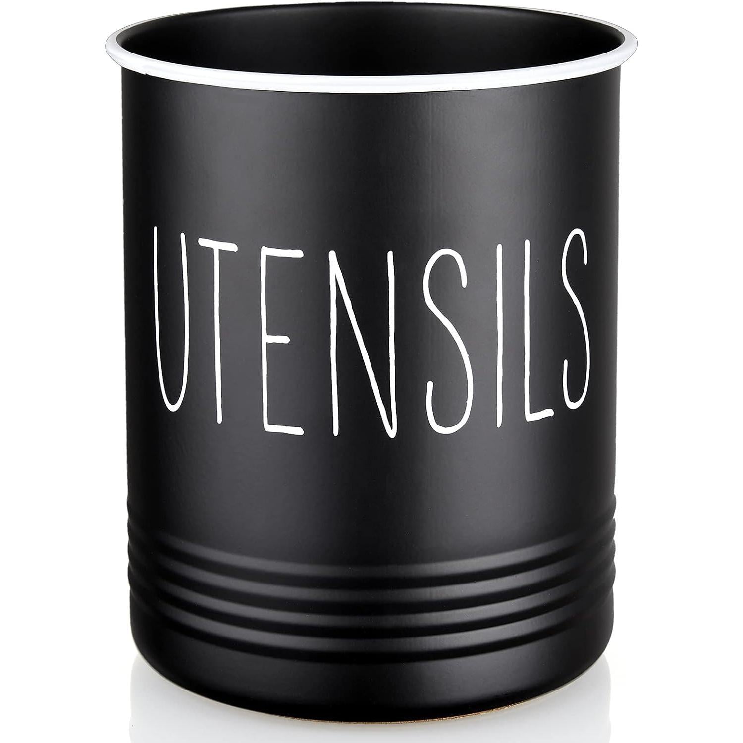 SISXSO Kitchen Utensil Holder, 6.7" Utensil Holder for Kitchen Counter, Cooking Utensil Crock with Cork Bottom, Modern Farmhouse Kitchen Decor, Countertop Utensil Storage Organizer Caddy, Black