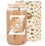 SISXSO Initial Glass Cup, Monogrammed Gifts for Women, 16 oz Glass Cups w/Lids Straws, Iced Coffee, Beer Can Shaped Glass Tumbler w/Straw Lid - Personalized Christmas, Birthday Gifts for Her