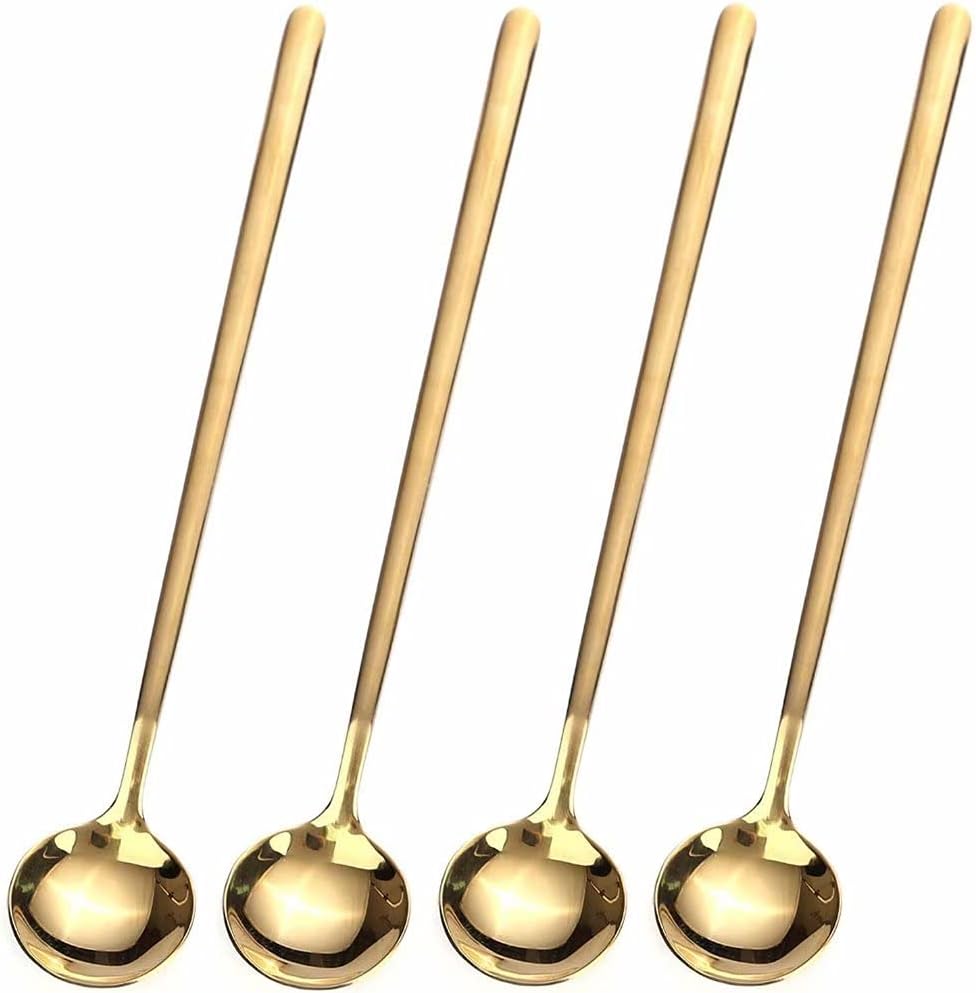 SISXSO 4 PCS 6.7 Inches Coffee Spoons, Stirring Spoons, Tea Spoons Long Handle, Gold Teaspoons, Gold Spoons, Ice Tea Spoons, Long Spoons for Stirring, Gold Espresso Spoons Stainless Steel