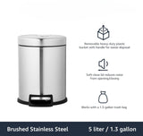 Lixeira pequena redonda cilíndrica de fechamento suave com pedal, 5 litros/1,3 galão, aço inoxidável escovado 