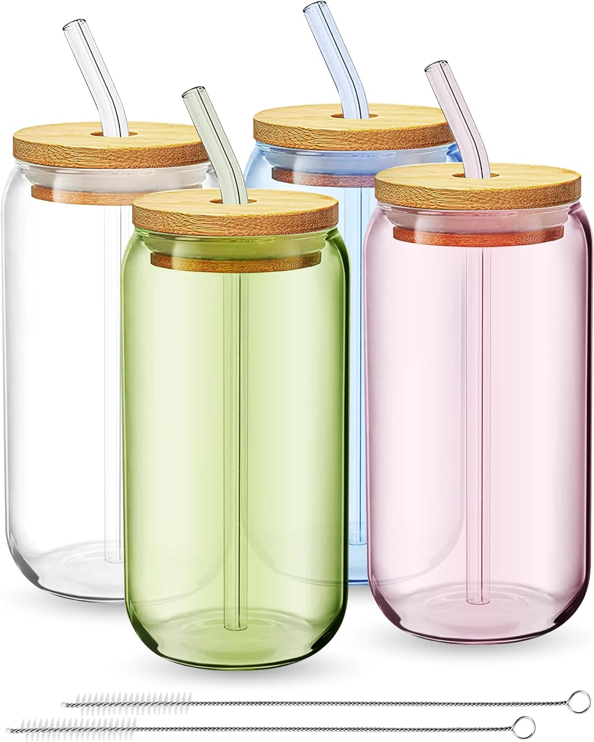 SISXSO 4 Pack Multicolor Glass Cups With Lids and Straws - Drinking Glasses, Glass Tumbler With Straw And Lid, Iced Coffee Cups, Glass Coffee Cups With Bamboo Lids