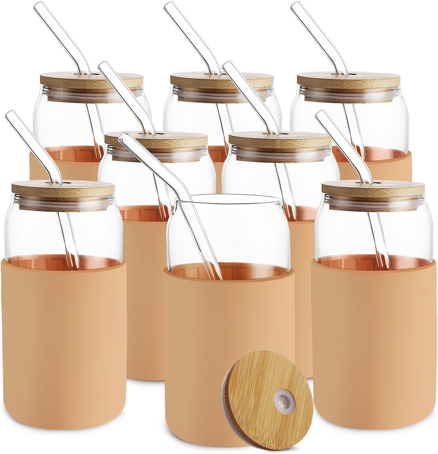 SISXSO Glass Cups with Bamboo Lids and Straws 8pcs Set, 20oz Can Shaped Cute Tumbler Cup with Cleaning Brushes, Beer Glasses, Iced Coffee Cups with Silicone Protective Sleeve