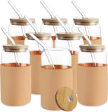SISXSO Glass Cups with Bamboo Lids and Straws 8pcs Set, 20oz Can Shaped Cute Tumbler Cup with Cleaning Brushes, Beer Glasses, Iced Coffee Cups with Silicone Protective Sleeve