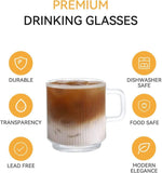 SISXSO [6 PACK, 12 OZ] Premium Glass Coffee Mugs with Handle, Classic Vertical Stripes Tea Cup,Transparent Tea Glasses for Hot/Cold Beverages.