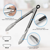 SISXSO Stainless Steel Kitchen Tongs Set of 2 - 9" and 12", Locking Metal Food Tongs Non-Slip Grip