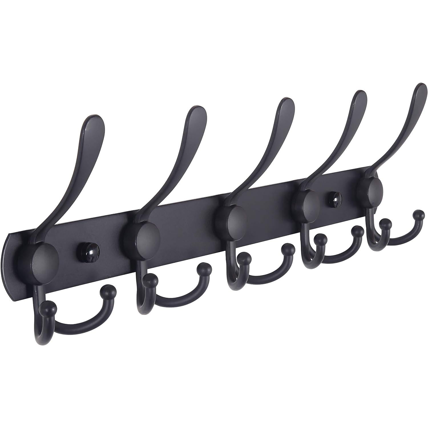 SISXSO Coat Rack Wall Mounted - 5 Tri Hooks, Heavy Duty, Stainless Steel, Metal Coat Hook Rail for Coat Hat Towel Purse Robes Mudroom Bathroom Entryway (Black, 2 Packs)