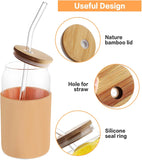SISXSO Glass Cups with Bamboo Lids and Straws 8pcs Set, 20oz Can Shaped Cute Tumbler Cup with Cleaning Brushes, Beer Glasses, Iced Coffee Cups with Silicone Protective Sleeve