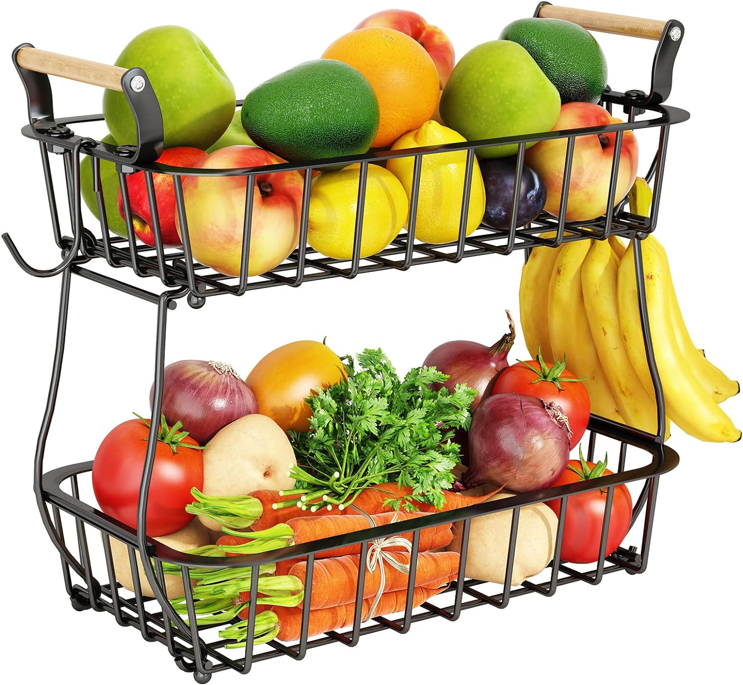 SISXSO 2 Tier Fruit Basket Bowl with 2 Banana Hangers for Kitchen Counter, Countertop Fruit Storage Produce Basket Metal Vegetable Holder Stand Organizer for Bread Snack Veggies Potato, Black