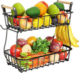 SISXSO 2 Tier Fruit Basket Bowl with 2 Banana Hangers for Kitchen Counter, Countertop Fruit Storage Produce Basket Metal Vegetable Holder Stand Organizer for Bread Snack Veggies Potato, Black
