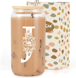 SISXSO Initial Glass Cup, Monogrammed Gifts for Women, 16 oz Glass Cups w/Lids Straws, Iced Coffee, Beer Can Shaped Glass Tumbler w/Straw Lid - Personalized Christmas, Birthday Gifts for Her