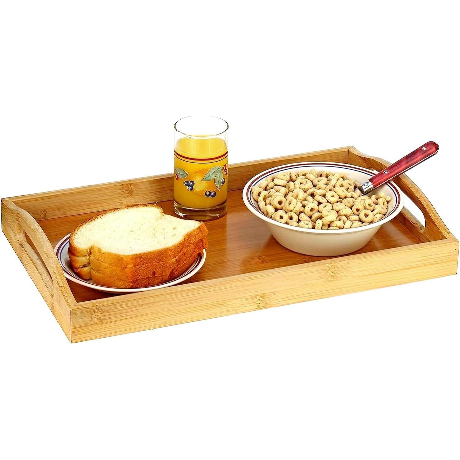 SISXSO Serving tray bamboo - wooden tray with handles - Great for dinner trays, tea tray, bar tray, breakfast Tray, or any food tray - good for parties or bed tray