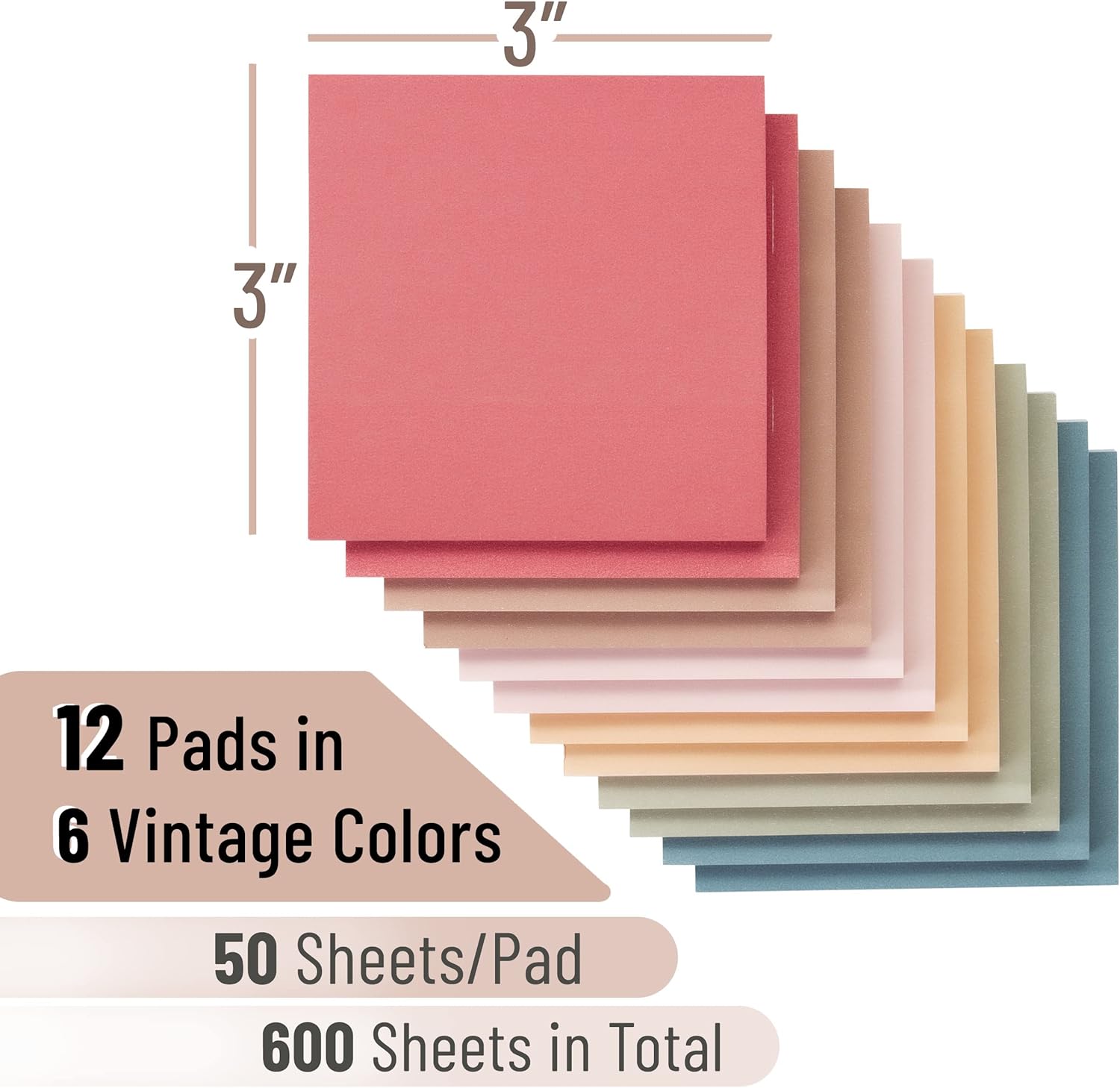 SISXSO Sticky Notes, 12 Pads, 3”x3”, Vintage Colors, Sticky Pads, Bulk, Colored/Colorful Sticky Notes