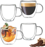 SISXSO Double Wall Insulated Glasses Espresso Cups Set of 4, 5 oz Clear Coffee Cups with Handle, Espresso Shot Glasses, Suit for Espresso Machine, Latte, Cappuccino, Glass Coffee Mugs